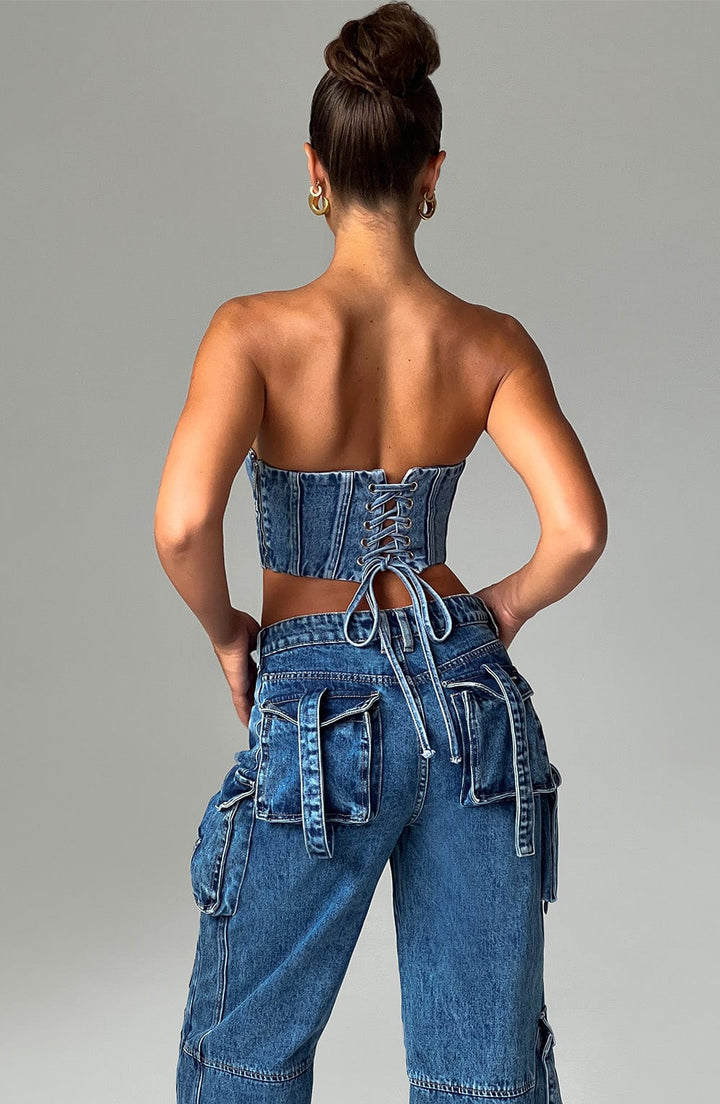 Korsaj Kesim Denim Büstiyer – Mavi
