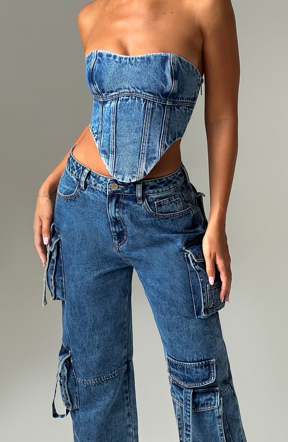 Korsaj Kesim Denim Büstiyer – Mavi