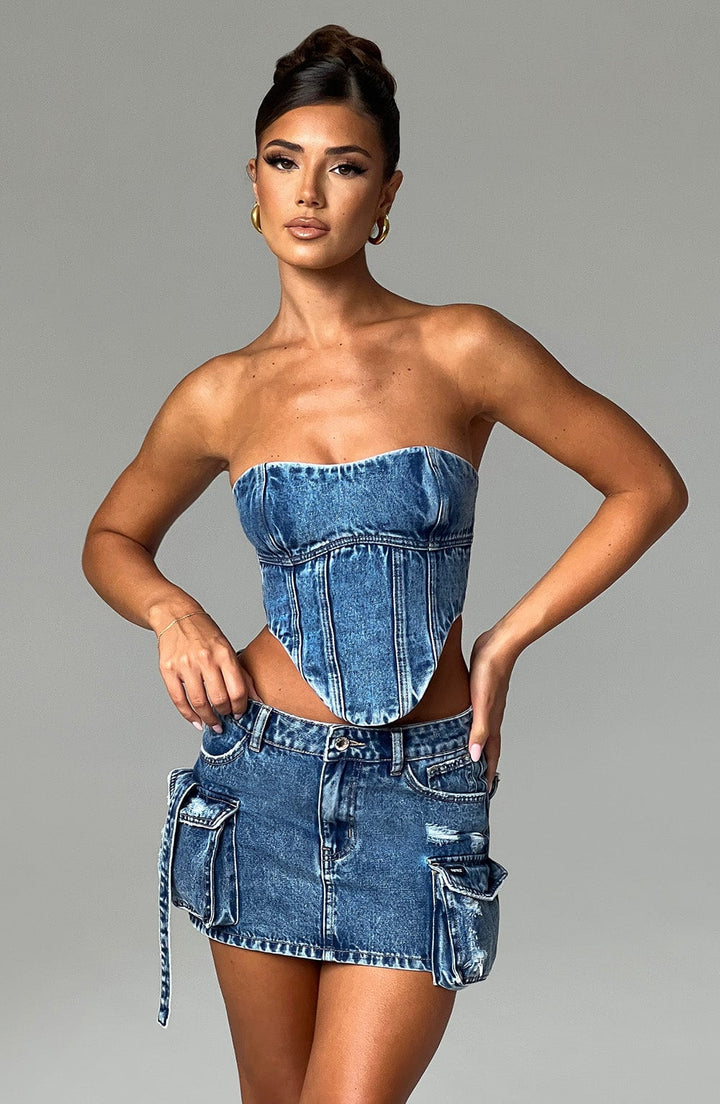 Korsaj Kesim Denim Büstiyer – Mavi