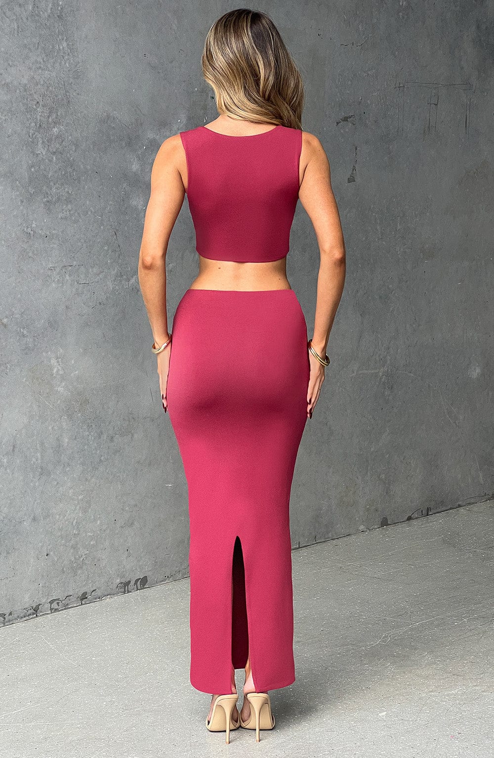 Yüksek Bel Kalem Kesim Esnek Etek Set – Bordo