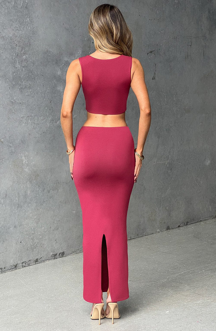 Yüksek Bel Kalem Kesim Esnek Etek Set – Bordo