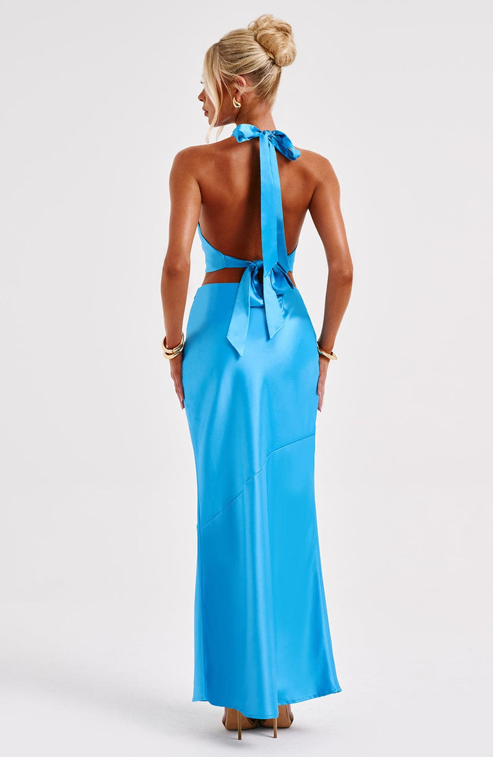 Saten Halter Yaka Bağlamalı Crop Top – Mavi