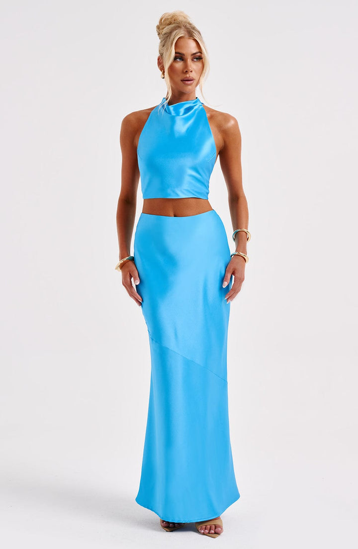 Saten Halter Yaka Bağlamalı Crop Top – Mavi