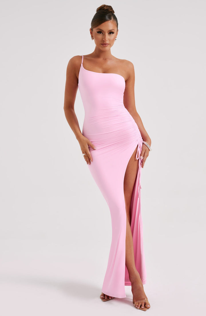 Tek Omuz Büzgülü Yırtmaçlı Maxi Elbise – Pembe