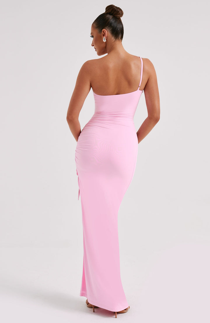 Tek Omuz Büzgülü Yırtmaçlı Maxi Elbise – Pembe